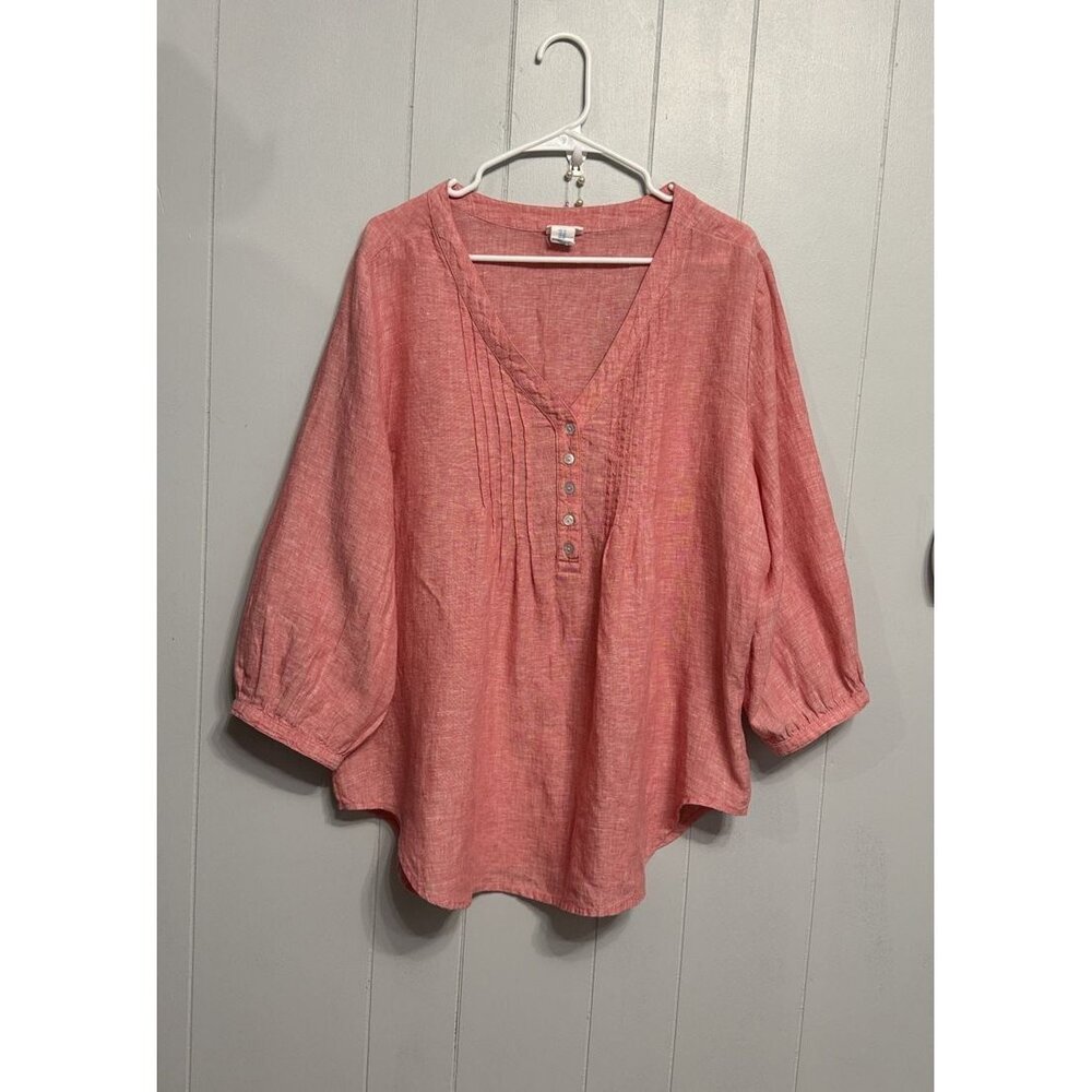 Sigrid Olsen 100% Linen Pink Popover Tunic Top V-Neck 3/4 Sleeve Women's 1X